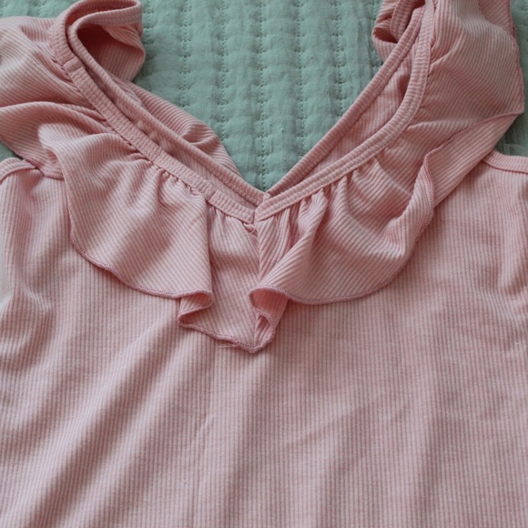 Pink Ribbed Ruffle Detail V-Neck Bodysuit - Picture 6 of 8